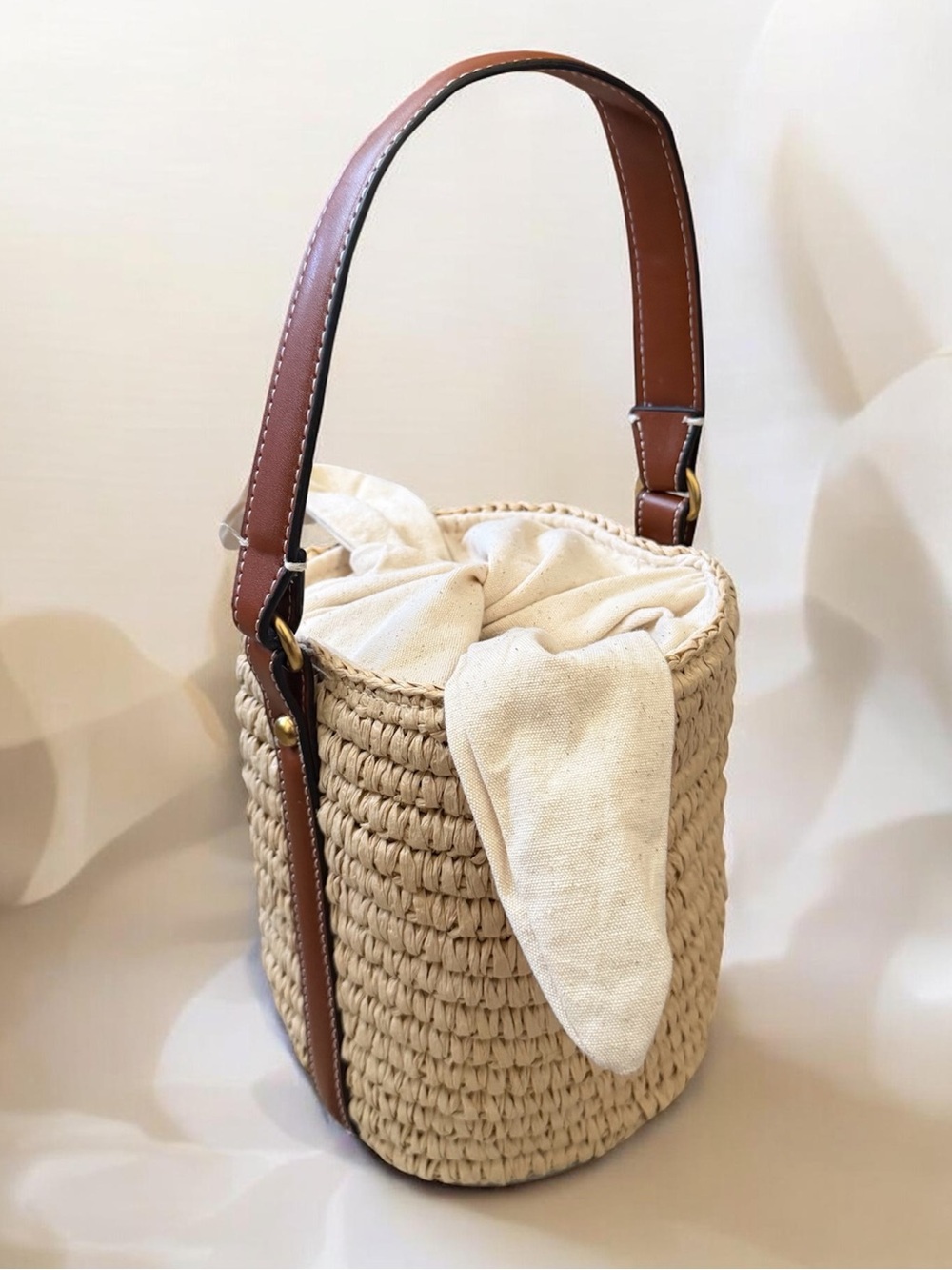 Zara Raffia Woven Bucket Bag with Brown Strap Handle